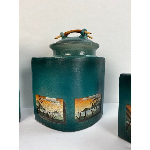 KEN JENSEN Full Set 4 Painted Covered Raku Jars, Beach Scenes, Signed - Picture 5 of 16